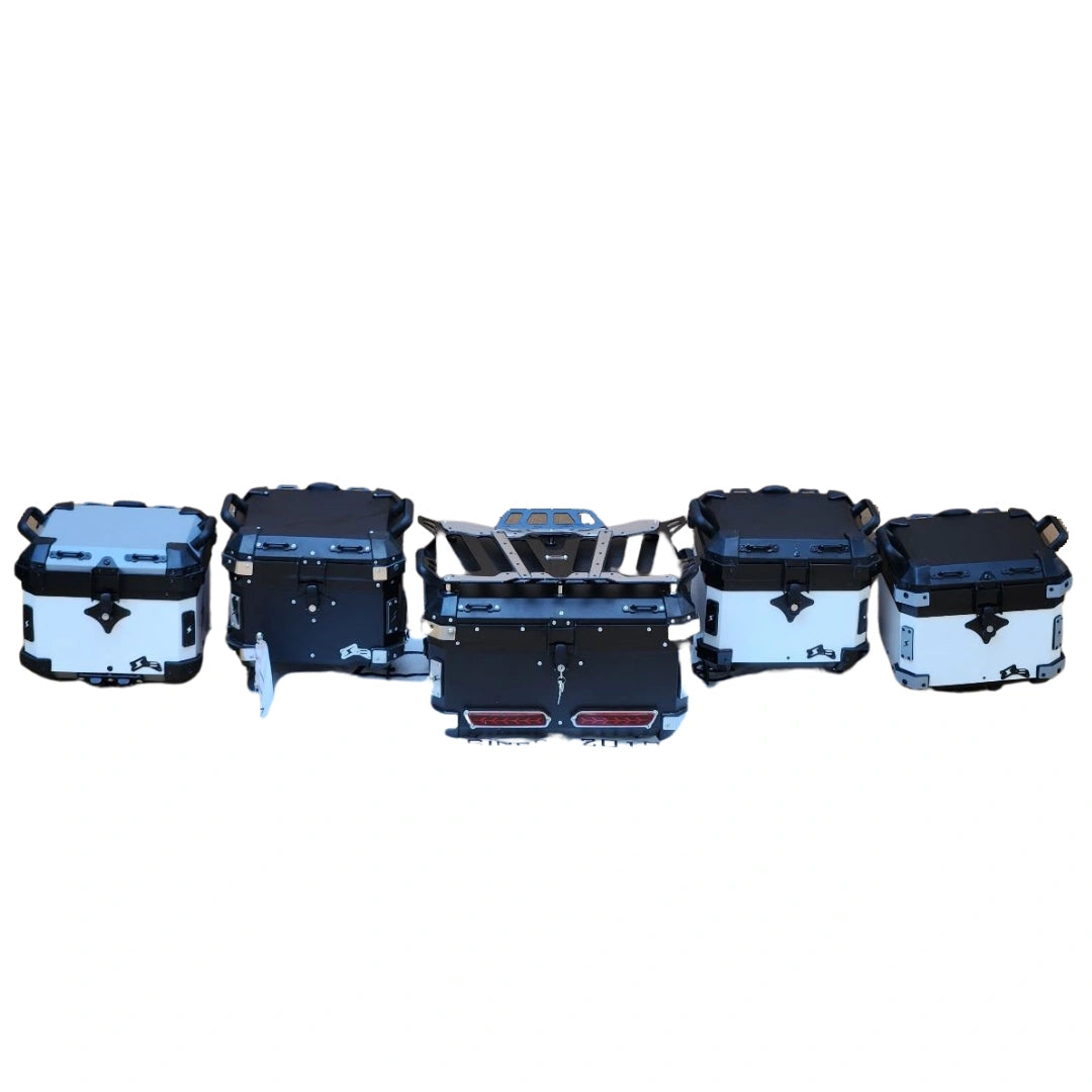 AeeDEA touring top box shown with other motorcycle luggage boxes