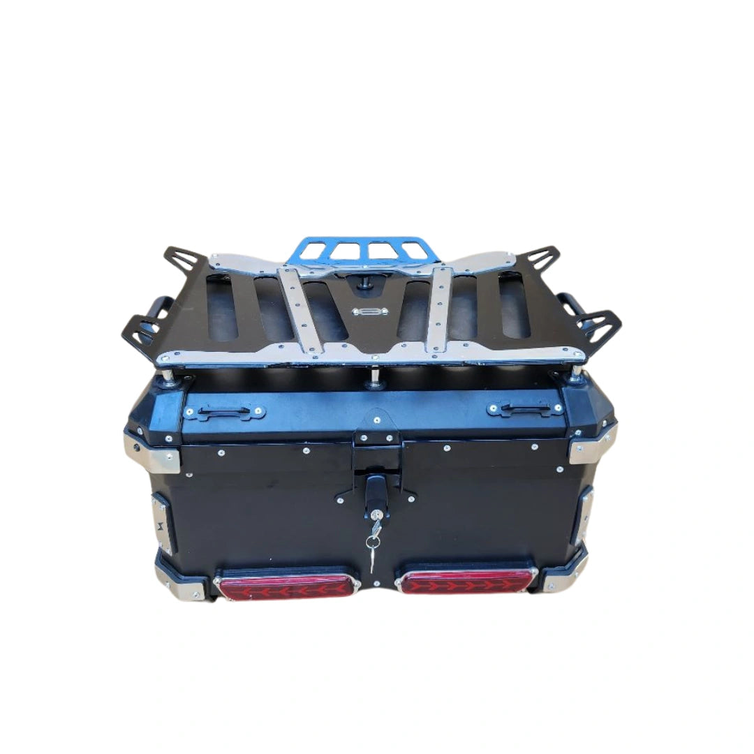 Rear view of AeeDEA touring top box installed on Harley Davidson Pan America