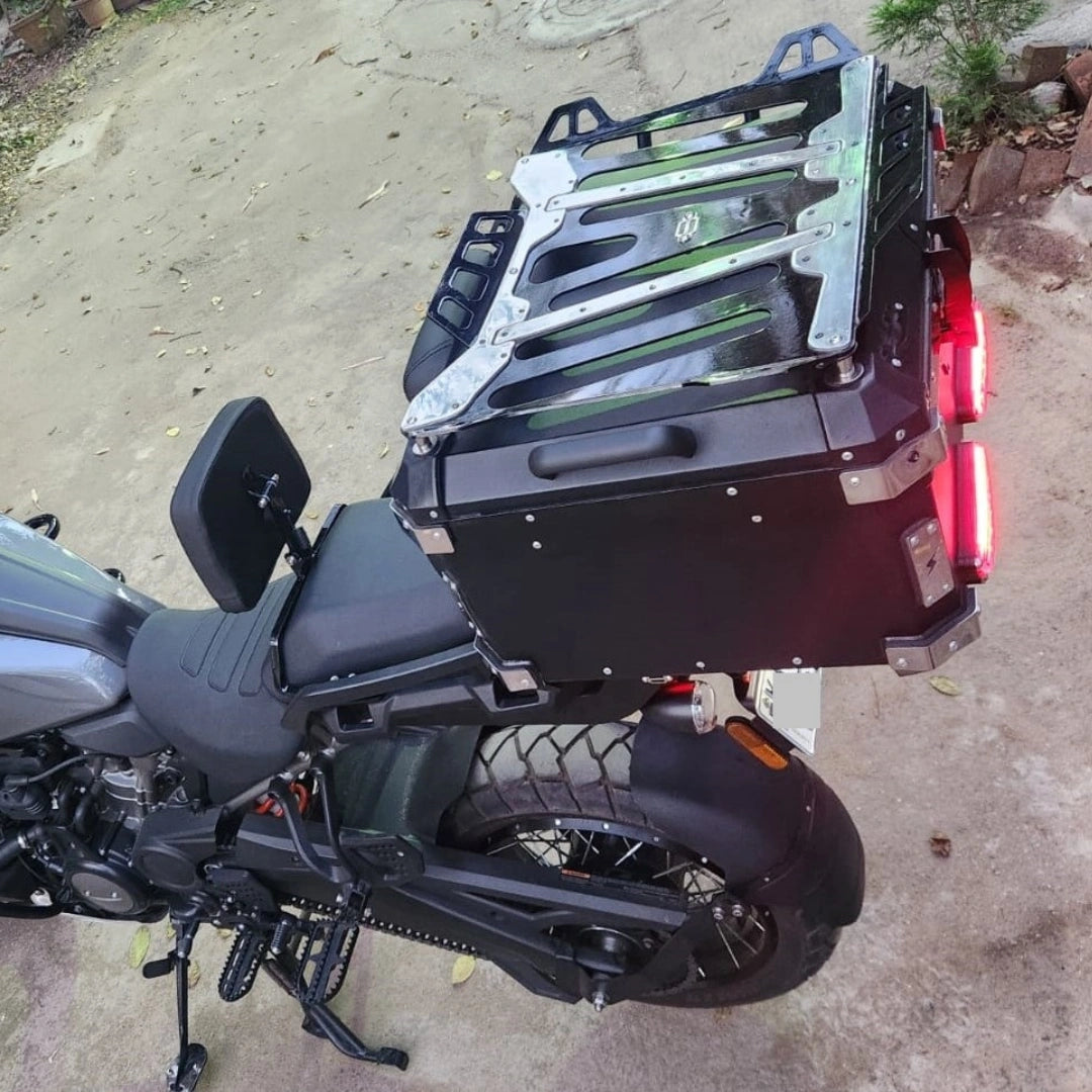 AeeDEA touring top box with top rack and pillion backrest installed on Harley Davidson Pan America