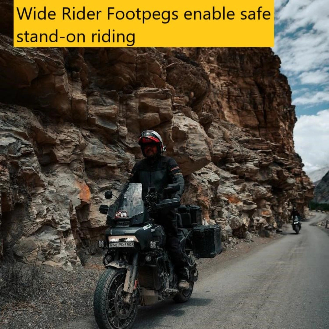 AeeDEA wide rider footpegs on Harley-Davidson Pan America during stand-on riding