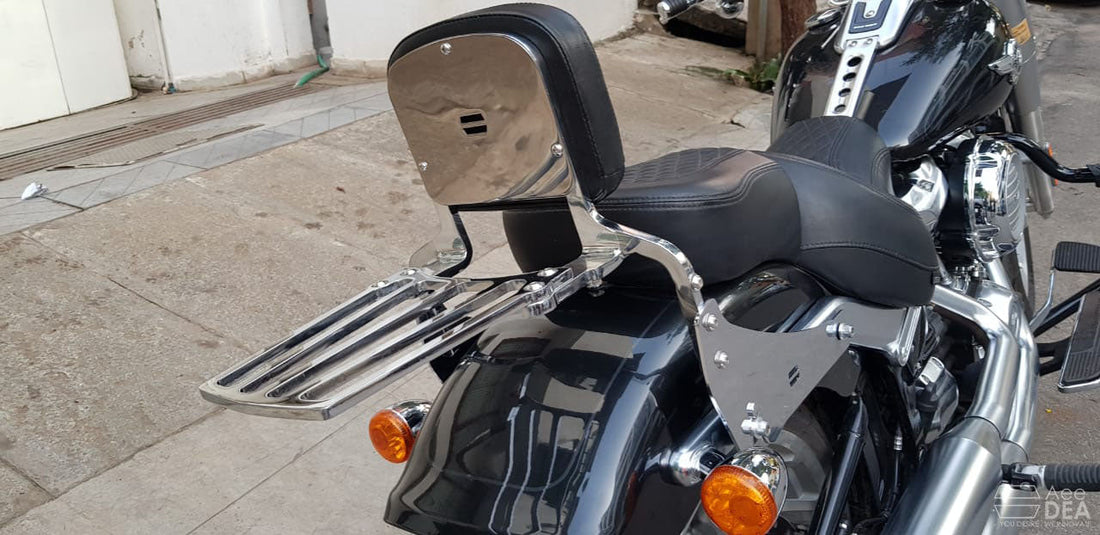 AeeDEA stout and tall pillion backrest installed on a cruiser motorcycle