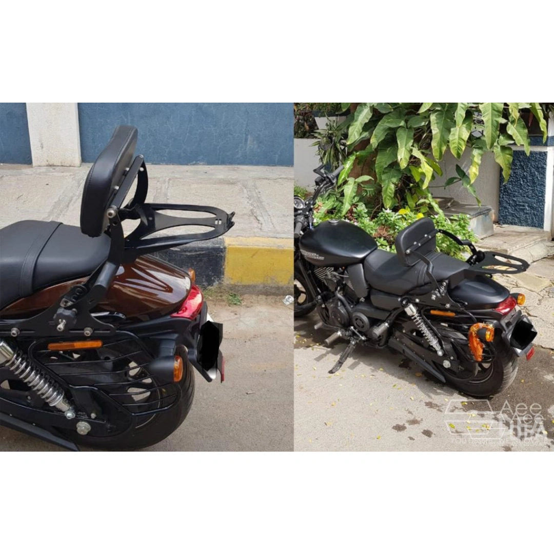 Rear view of the motorcycle backrest assembly with luggage rack