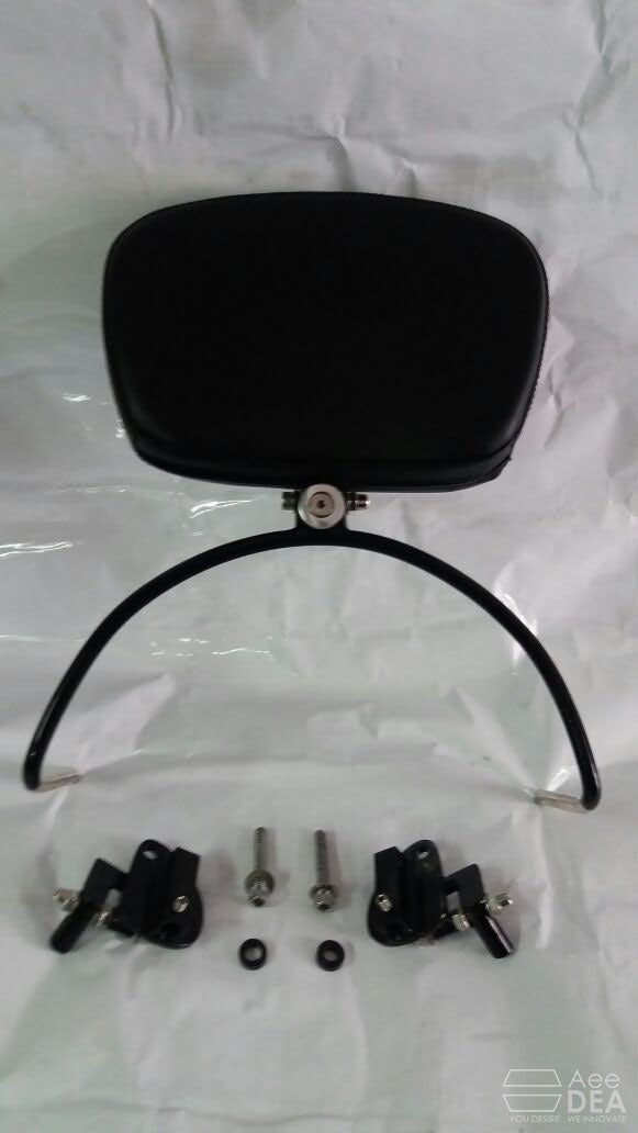 Black rider backrest pad attached to a curved metal support bracket