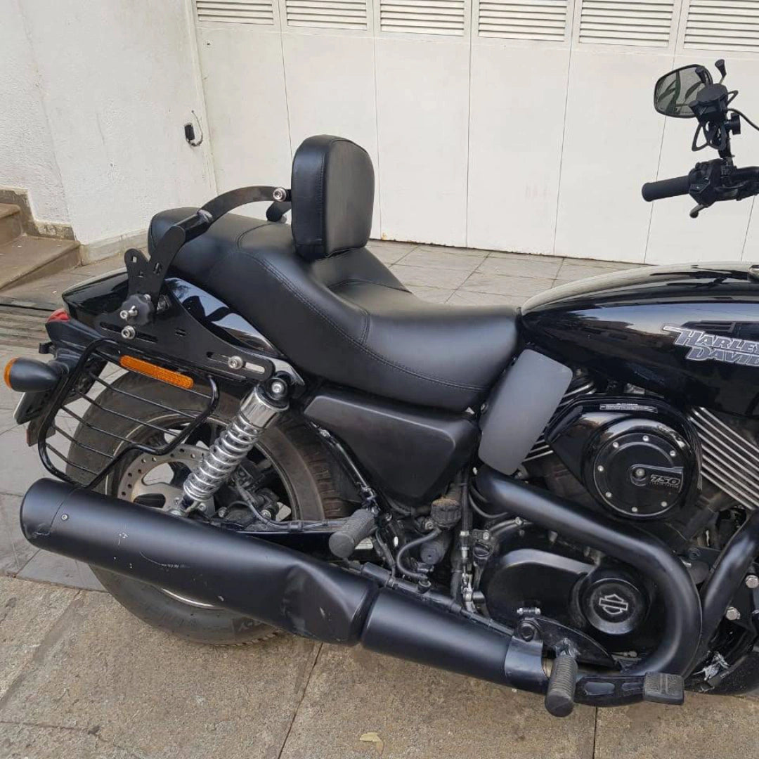 Side view of the motorcycle rider backrest and its mounting mechanism