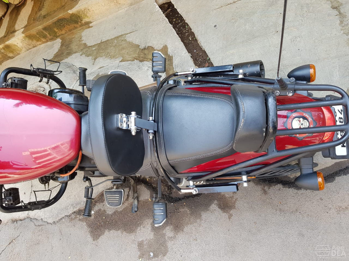 Top view of a motorcycle with a rider backrest installed behind the seat