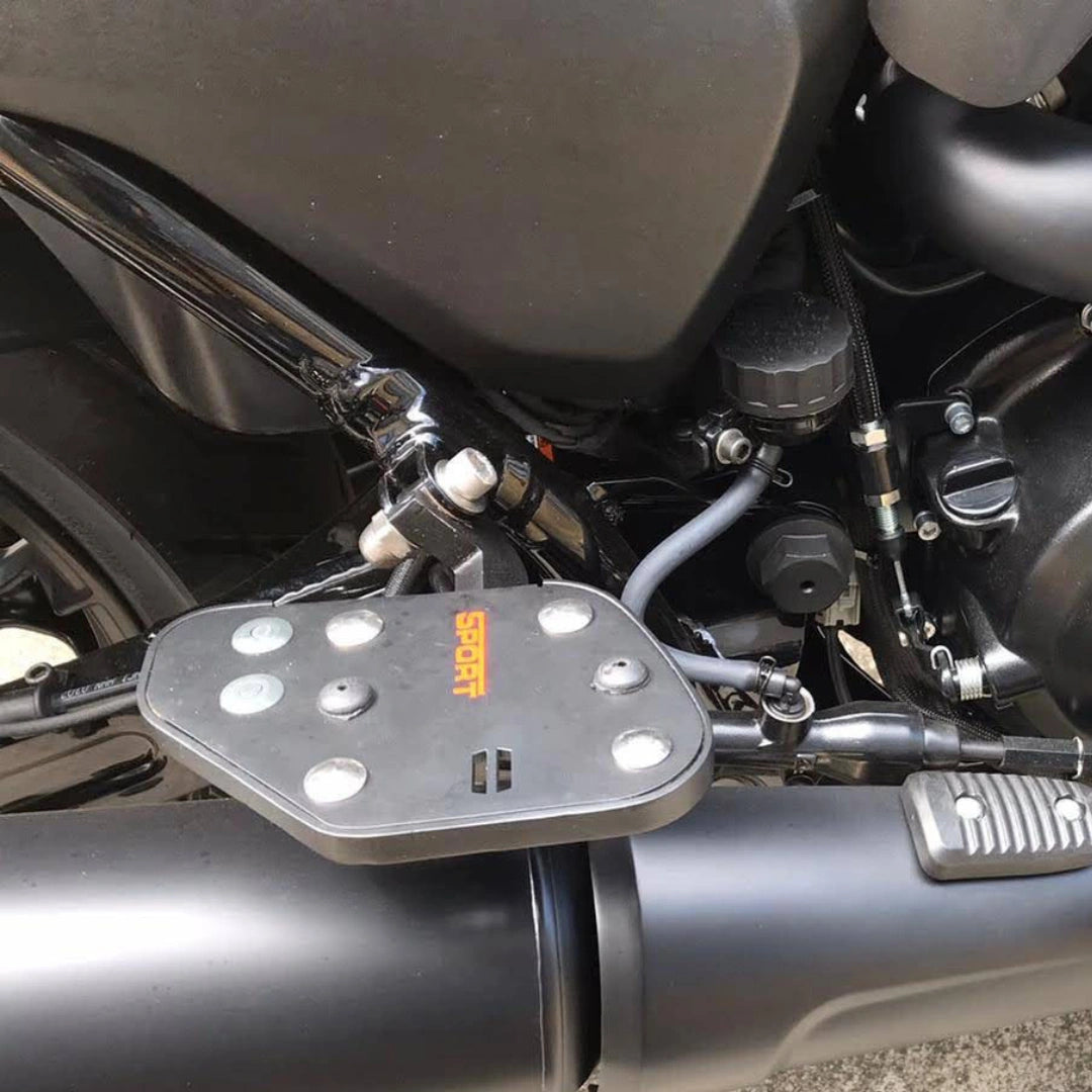 Close-up of motorcycle rider footboard showing its grip surface and mounting position