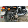 Close-up of the variable sound insert fitted inside the motorcycle exhaust outlet