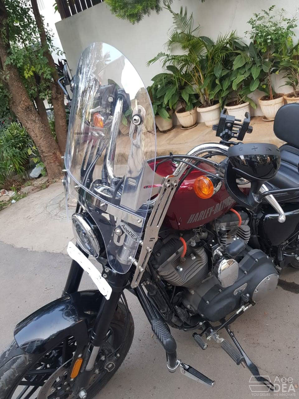 AeeDEA split tall windshield installed on a Harley-Davidson Sportster 48