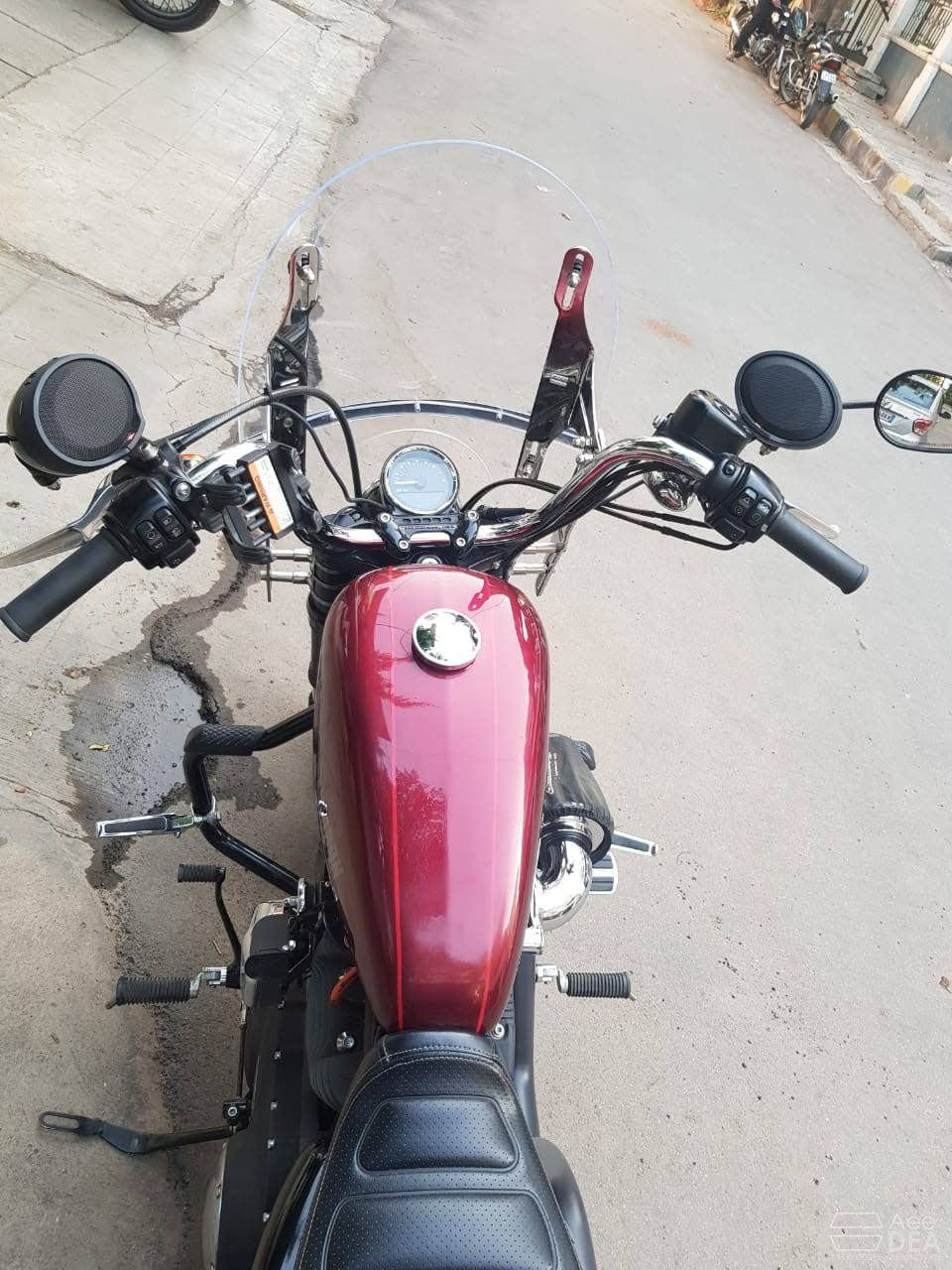 Top view of the adjustable windshield installed on a Harley-Davidson Sportster 48