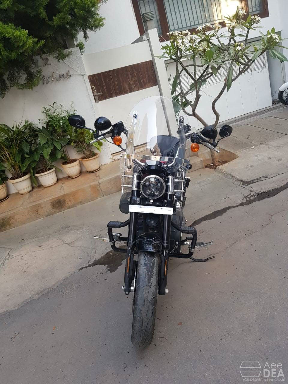 AeeDEA split tall windshield installed on a Harley-Davidson Sportster 48