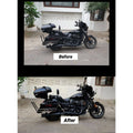 Before and after comparison showing the Harley-Davidson Street 750 fuel tank raised with AeeDEA tank raiser
