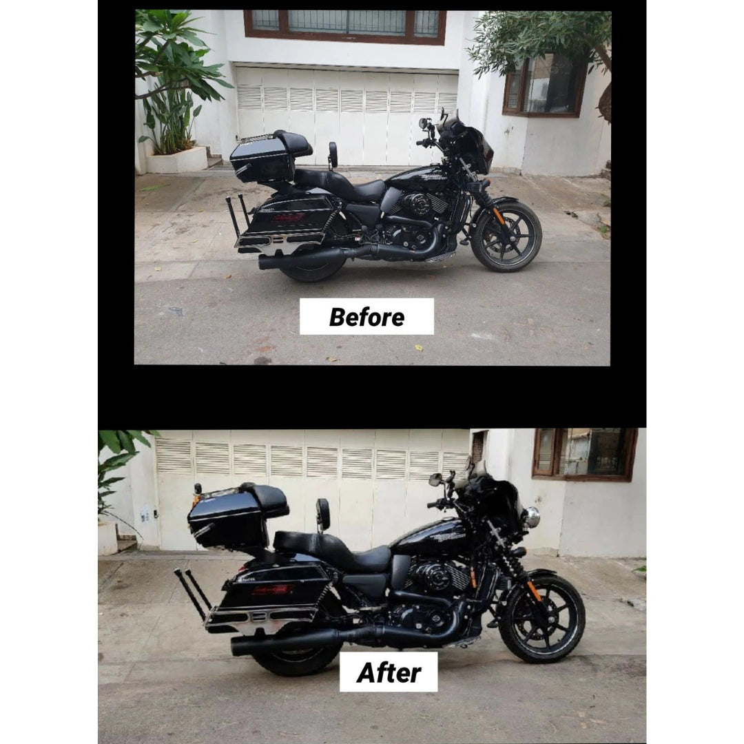 Before and after comparison showing the Harley-Davidson Street 750 fuel tank raised with AeeDEA tank raiser