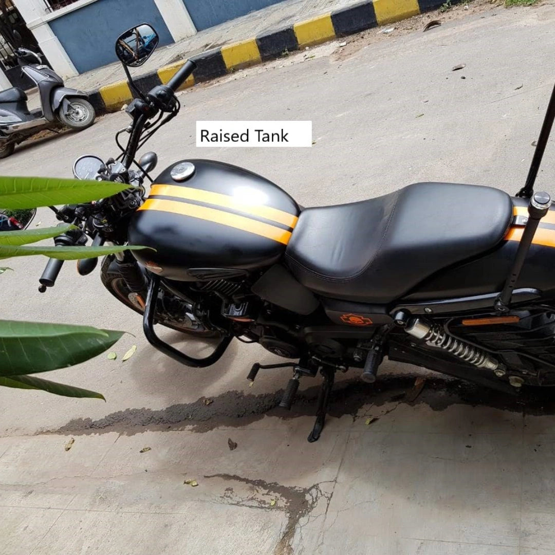 Side view of a Harley-Davidson Street 750 with its fuel tank raised