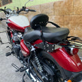 AeeDEA rider pillion backrest and luggage rack installed on red Royal Enfield Super Meteor 650