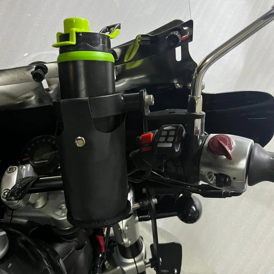 AeeDEA bottle holder with leatherette pouch installed on Royal Enfield Super Meteor 650