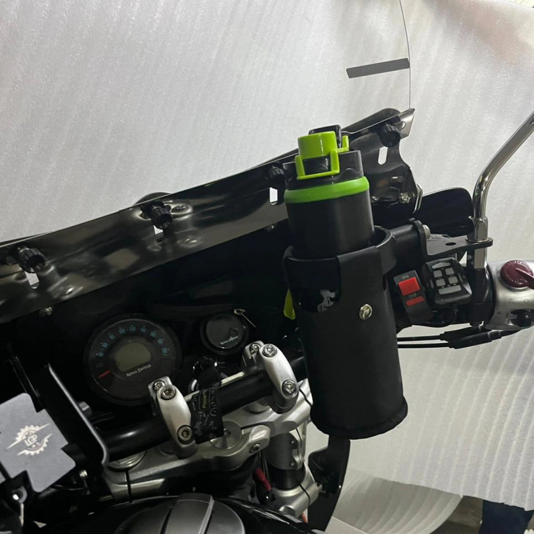 AeeDEA bottle holder with a bottle installed on Royal Enfield Super Meteor 650