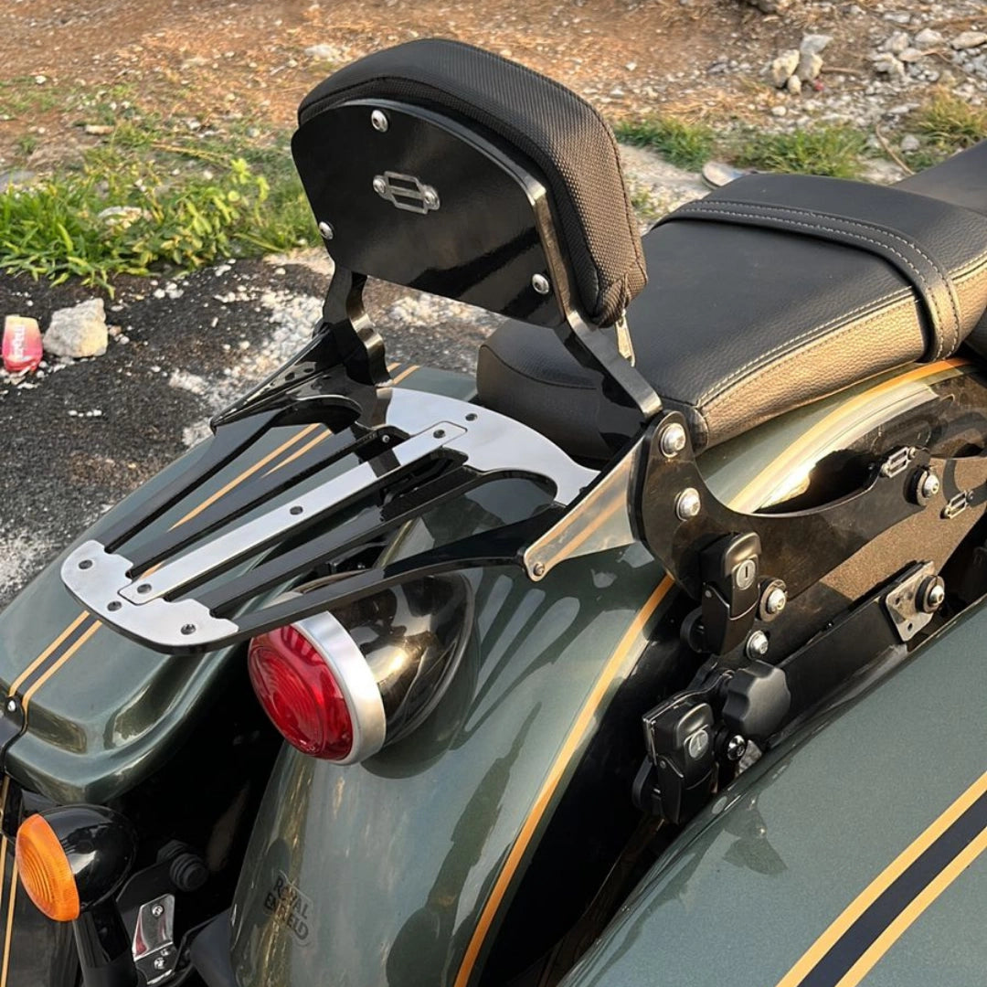 AeeDEA detachable pillion backrest and luggage rack installed on Royal Enfield Super Meteor 650