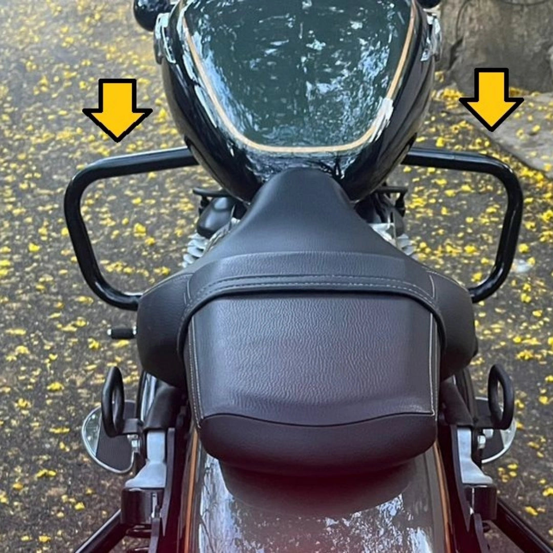 AeeDEA front crash guard installed on Royal Enfield Super Meteor 650 viewed from above