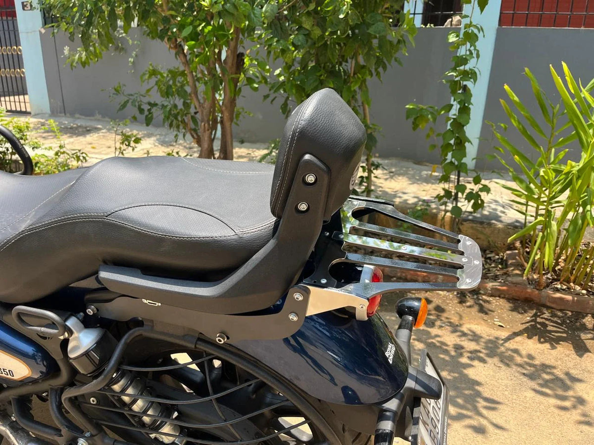 AeeDEA luggage rack shown with OEM backrest on Royal Enfield Super Meteor 650