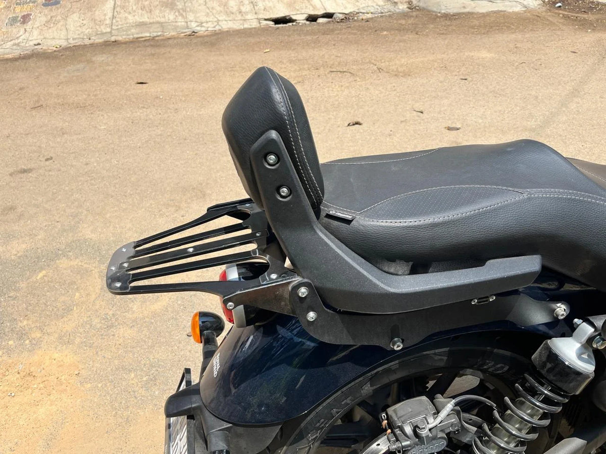 AeeDEA luggage rack installed behind the backrest on Royal Enfield Super Meteor 650