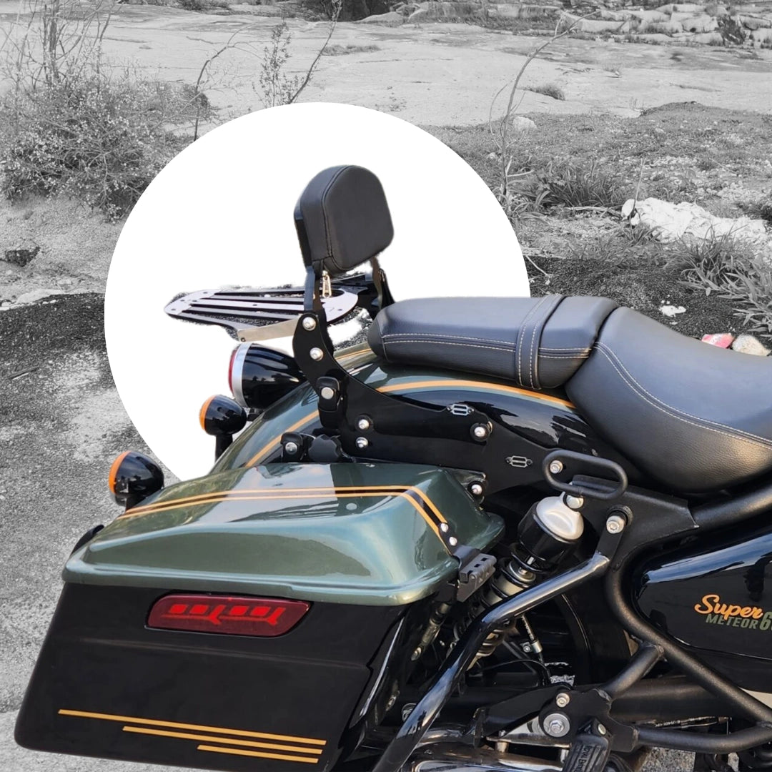 AeeDEA pillion backrest and luggage rack installed on Super Meteor 650 with side pannier