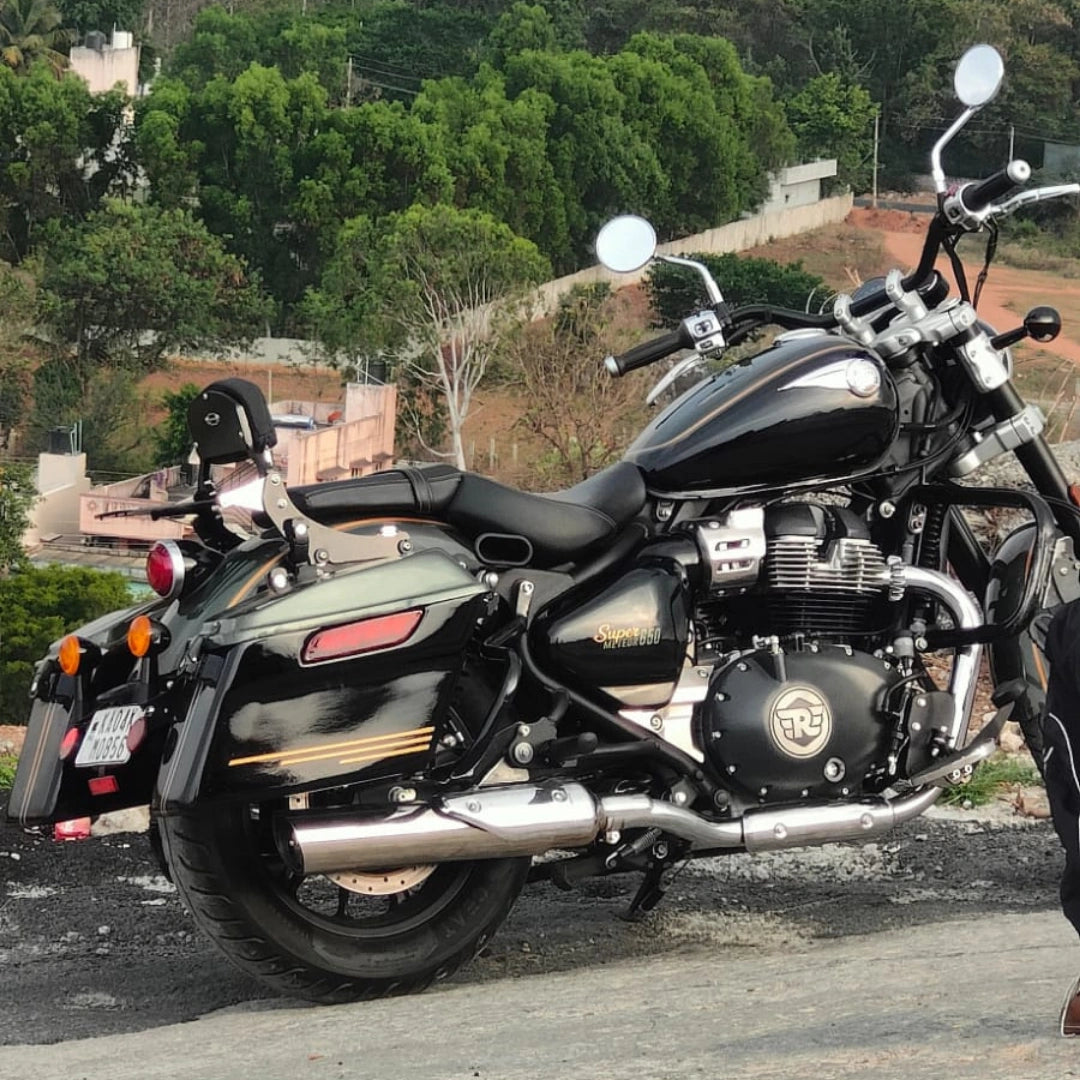 Rear-side view of AeeDEA pillion backrest and luggage rack on Super Meteor 650