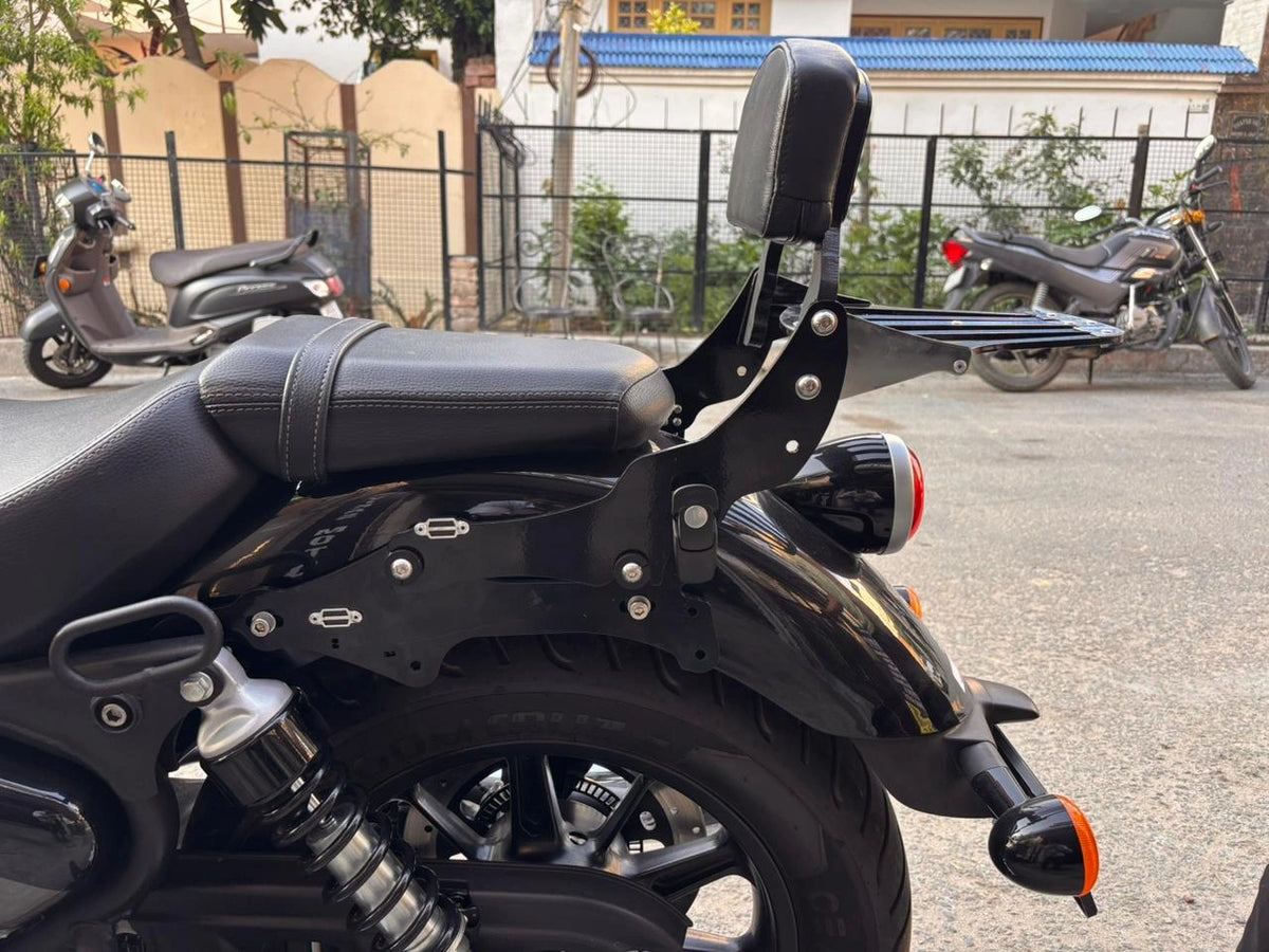 Side view of AeeDEA pillion backrest and luggage rack on Super Meteor 650