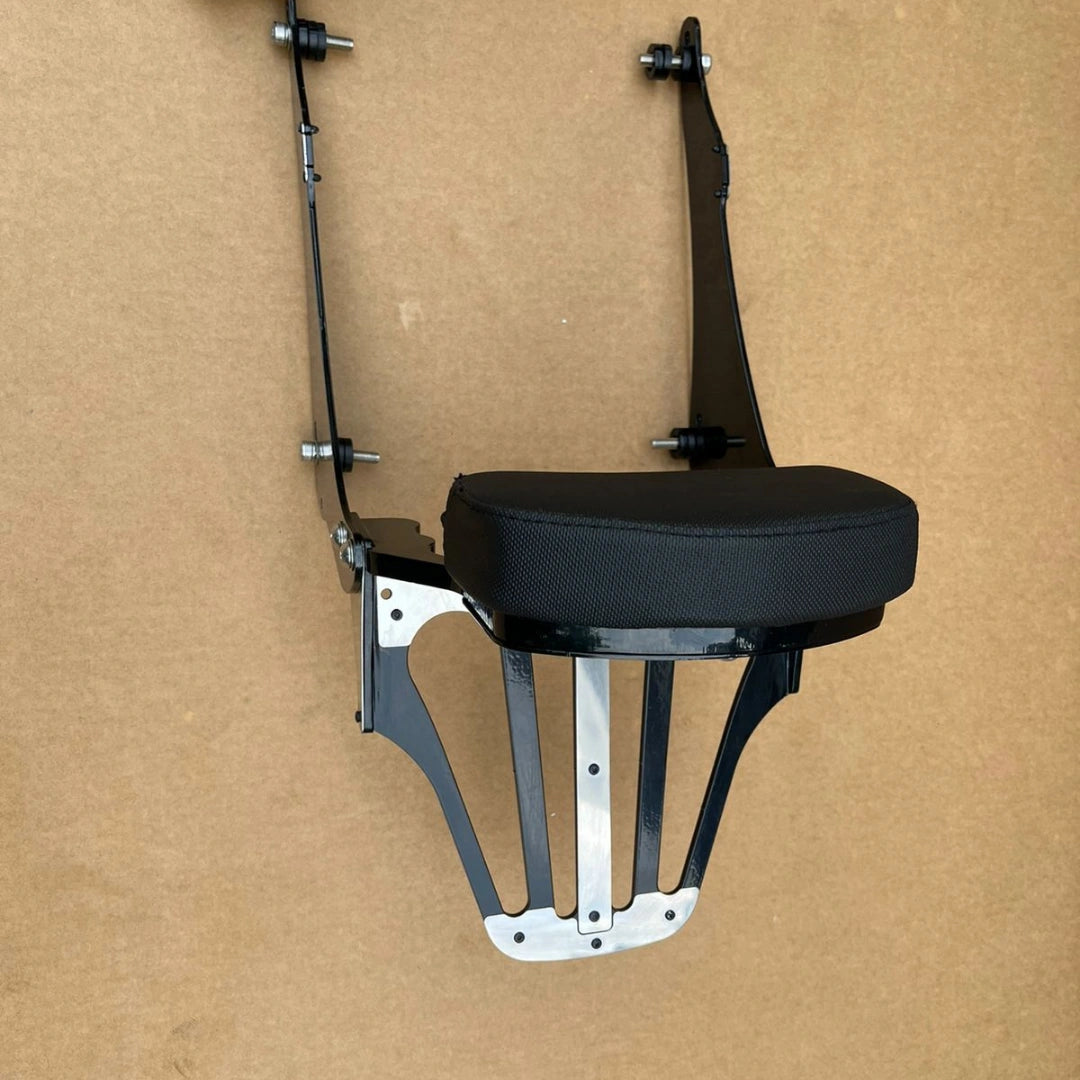 Side view of AeeDEA pillion backrest with luggage rack for Super Meteor 650