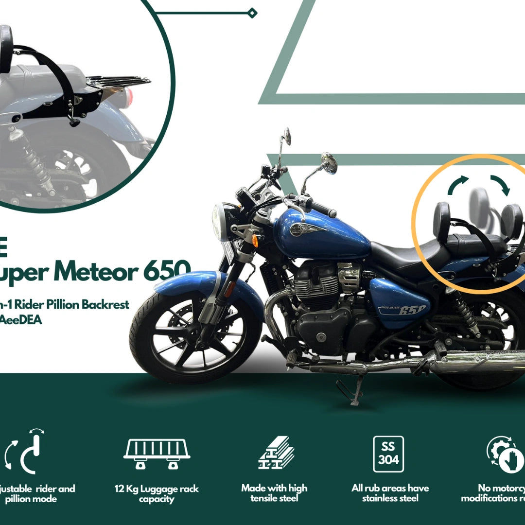 AeeDEA rider pillion backrest and luggage rack mounted on Royal Enfield Super Meteor 650