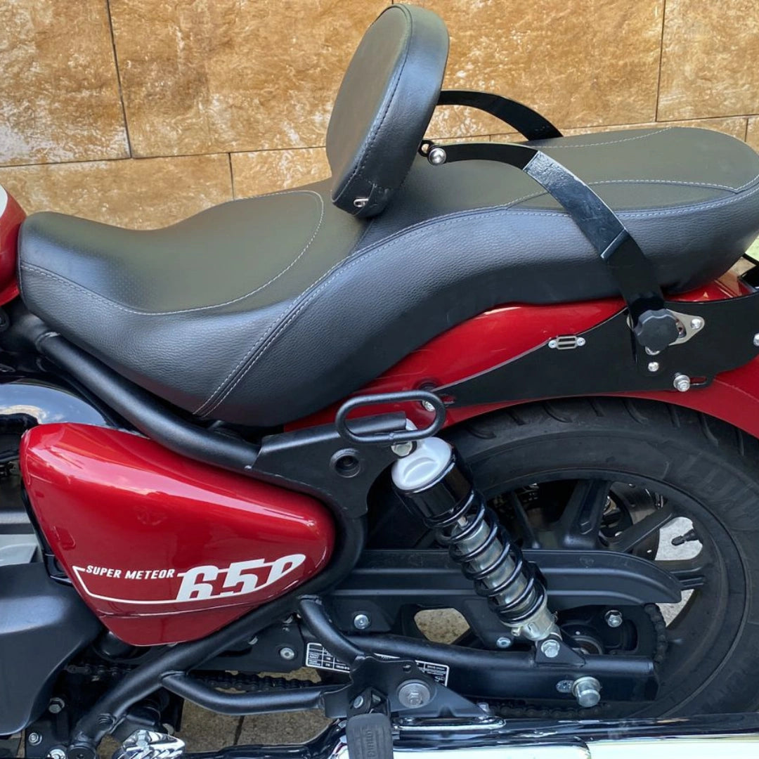 AeeDEA rider pillion backrest installed on Royal Enfield Super Meteor 650 with red bodywork