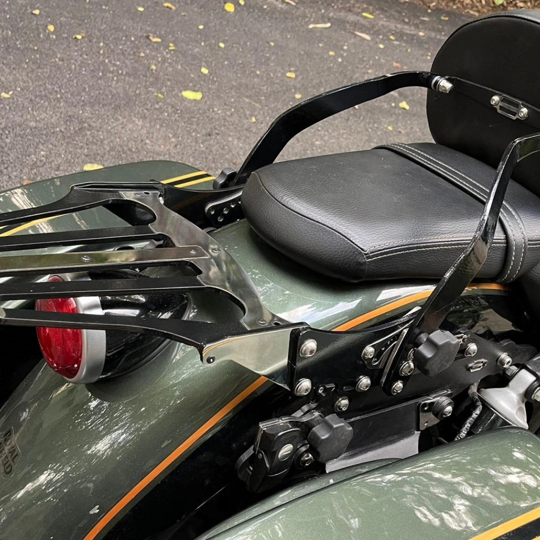 AeeDEA rider pillion backrest and luggage rack mounted on Royal Enfield Super Meteor 650
