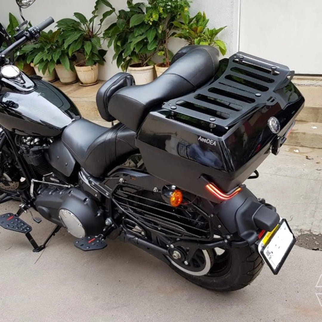 AeeDEA top rack installed on the Touring Top Box of Royal Enfield Super Meteor 650 viewed from the side