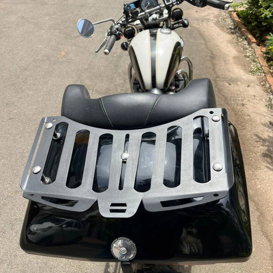 AeeDEA top rack installed on the Touring Top Box of Royal Enfield Super Meteor 650 viewed from above