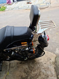 Motorcycle fitted with a tall pillion backrest and rear luggage rack