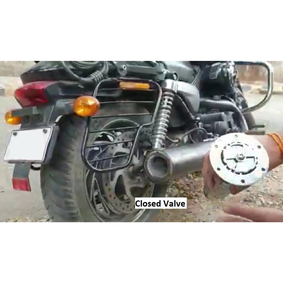 Motorcycle rear exhaust view showing the AeeDEA variable sound insert setup