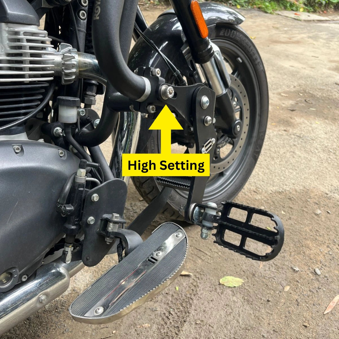 Ergonomic riding position using Adjustable Highway Pegs on Royal Enfield Super Meteor 650