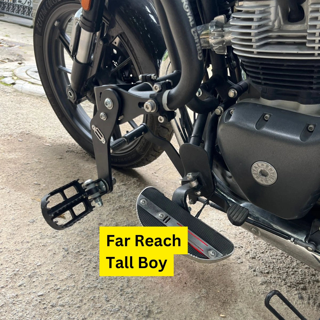 Adjustable Highway Pegs mounted on Royal Enfield Super Meteor 650 stock crash guard