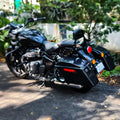 Front angle of Royal Enfield Super Meteor 650 fitted with AeeDEA Retro Side Panniers