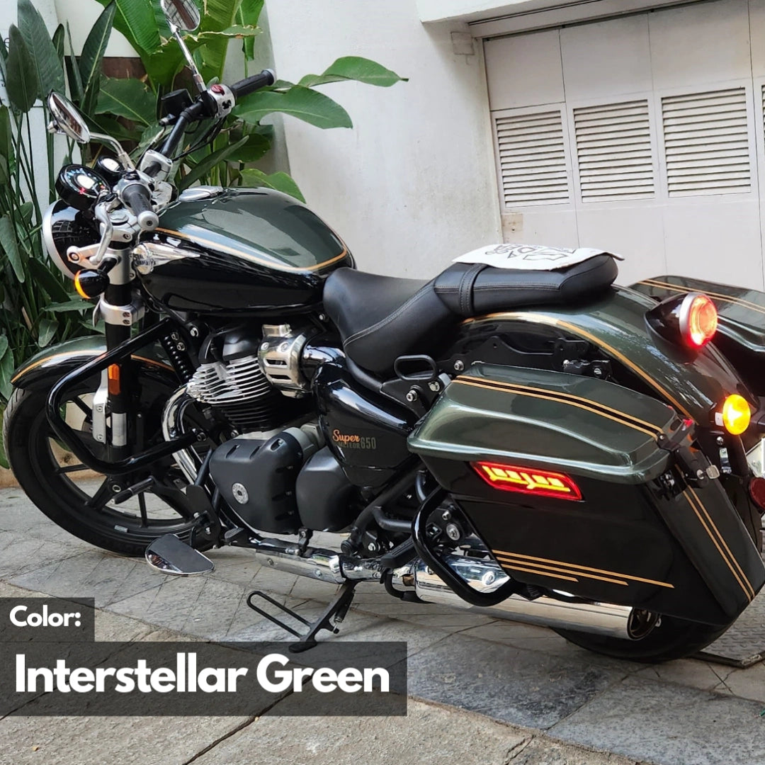 Open Retro Side Pannier showing storage space for Royal Enfield Super Meteor 650