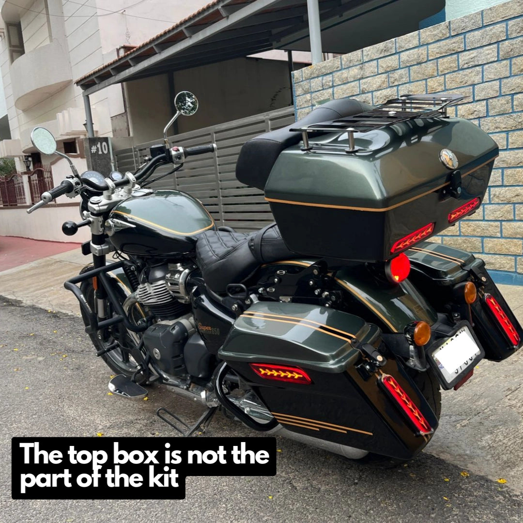 Royal Enfield Super Meteor 650 equipped with AeeDEA Retro Side Panniers for highway touring