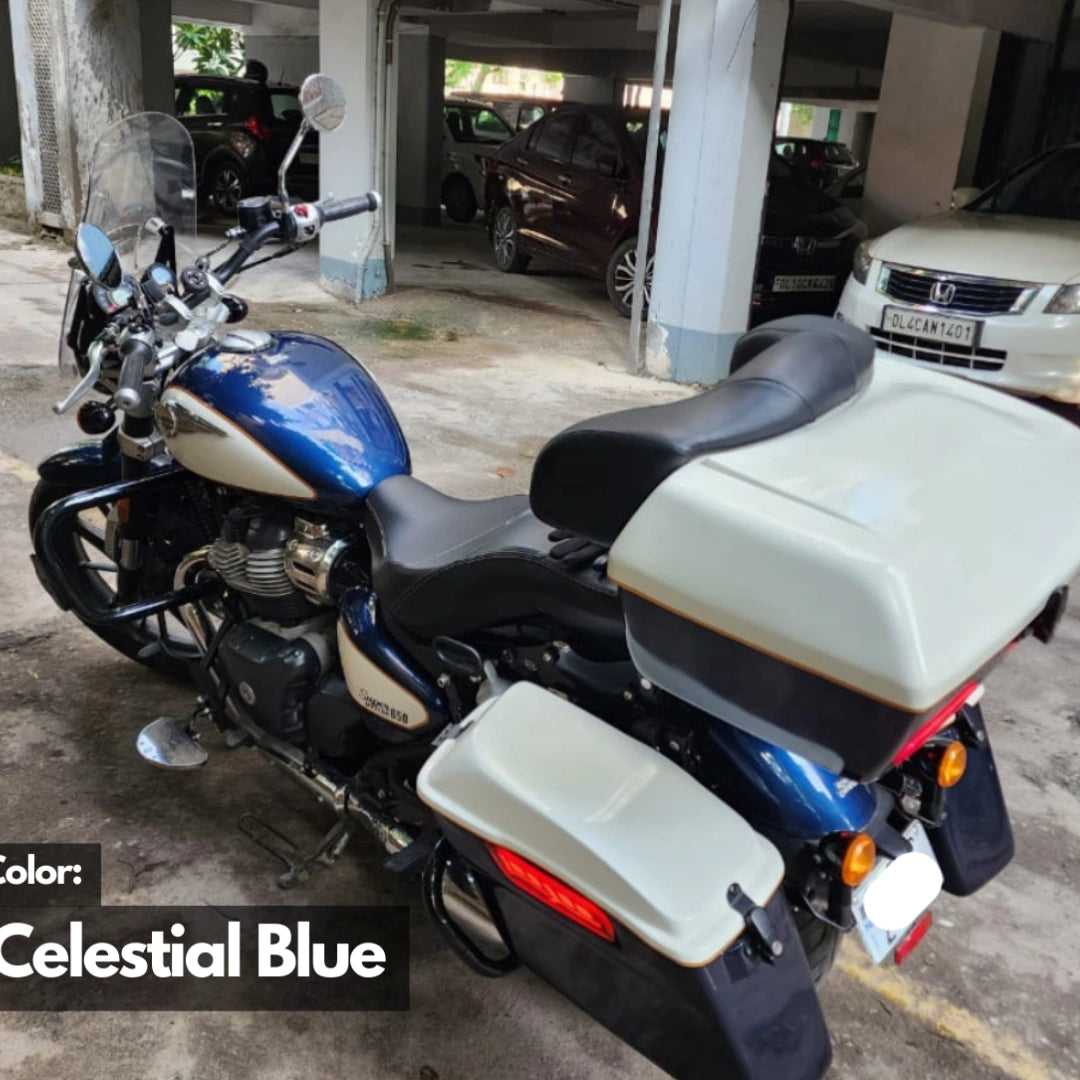 Interstellar Green Royal Enfield Super Meteor 650 with AeeDEA Touring Top Box