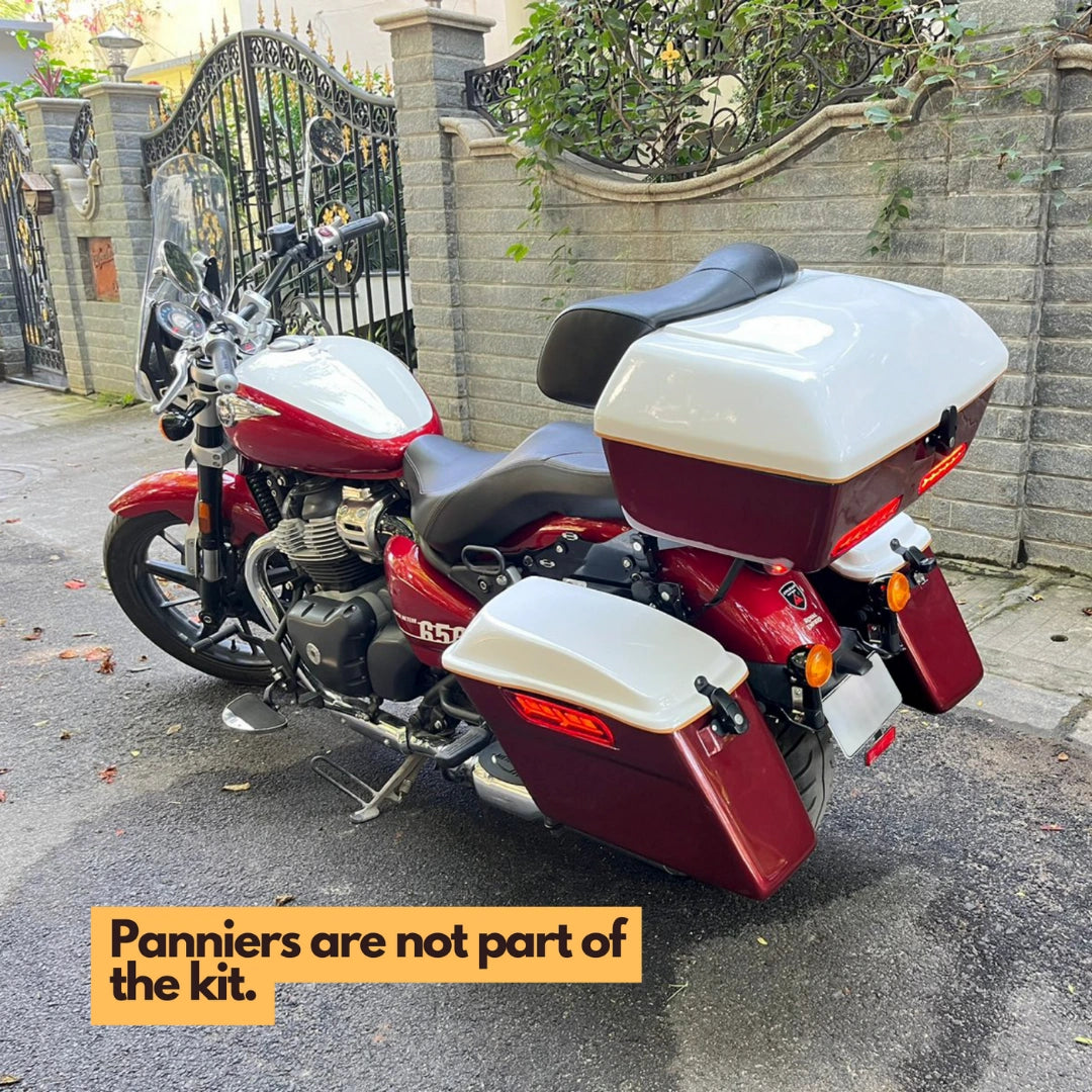 Right side view of AeeDEA 54L Touring Top Box installed on Royal Enfield Super Meteor 650