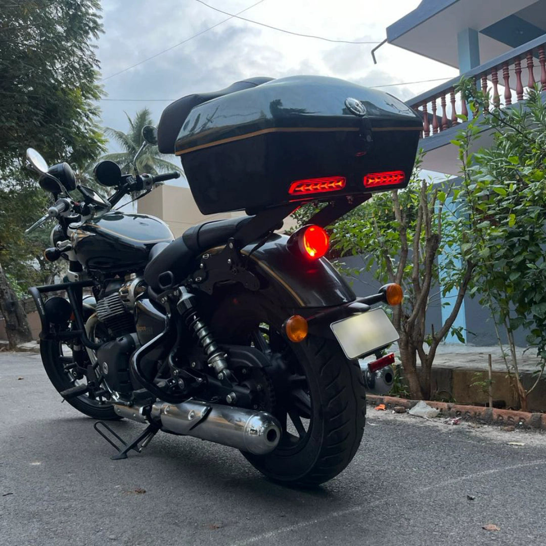 Left side view of AeeDEA 54L Touring Top Box on Royal Enfield Super Meteor 650