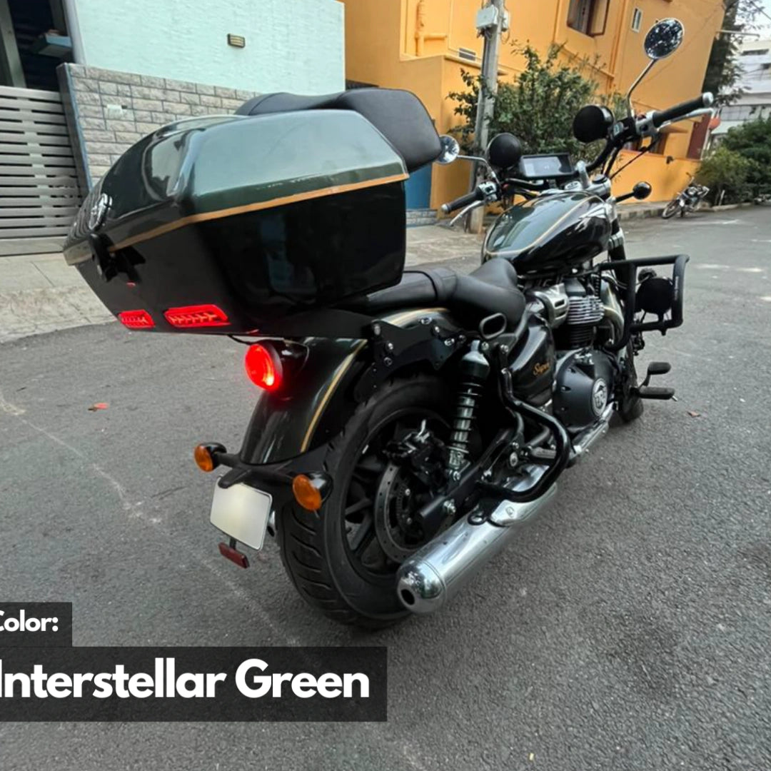 Rear view of AeeDEA Touring Top Box with integrated LED light on Super Meteor 650
